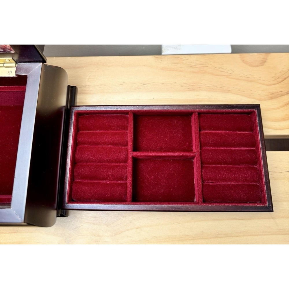 VTG Bombay Style Wooden Jewelry Box  Brass Cherry‎ Tone Red Velvet Interior - Picture 10 of 10